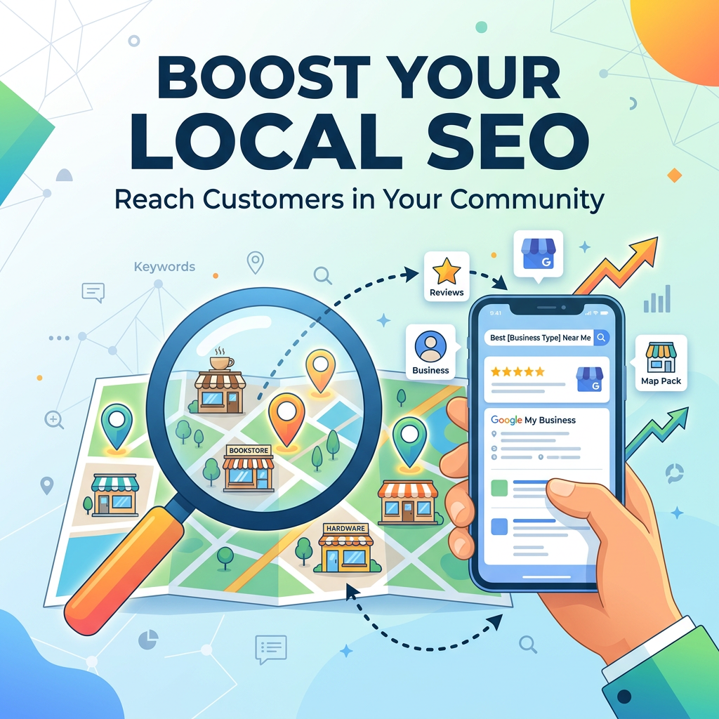 Magnifying glass over digital map with business locations and hand holding phone displaying local SEO results